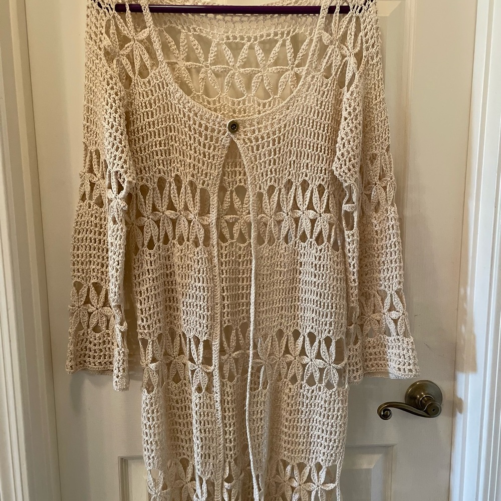 Boho Chic Crochet Beige Cardigan handmade 100% Peruvian cotton